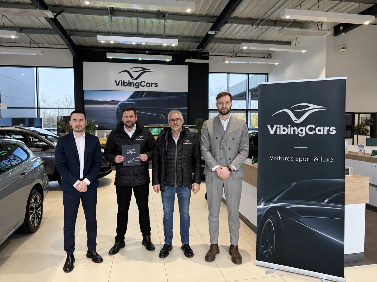 Group portrait in a car showroom